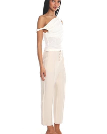 Cream Button-Front Cropped Trousers