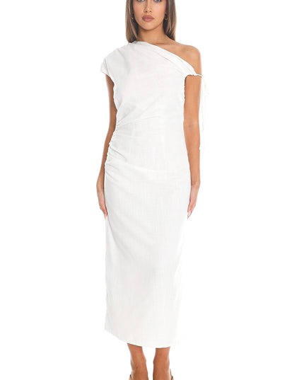 White Marble Draped One-Shoulder Midi Dress