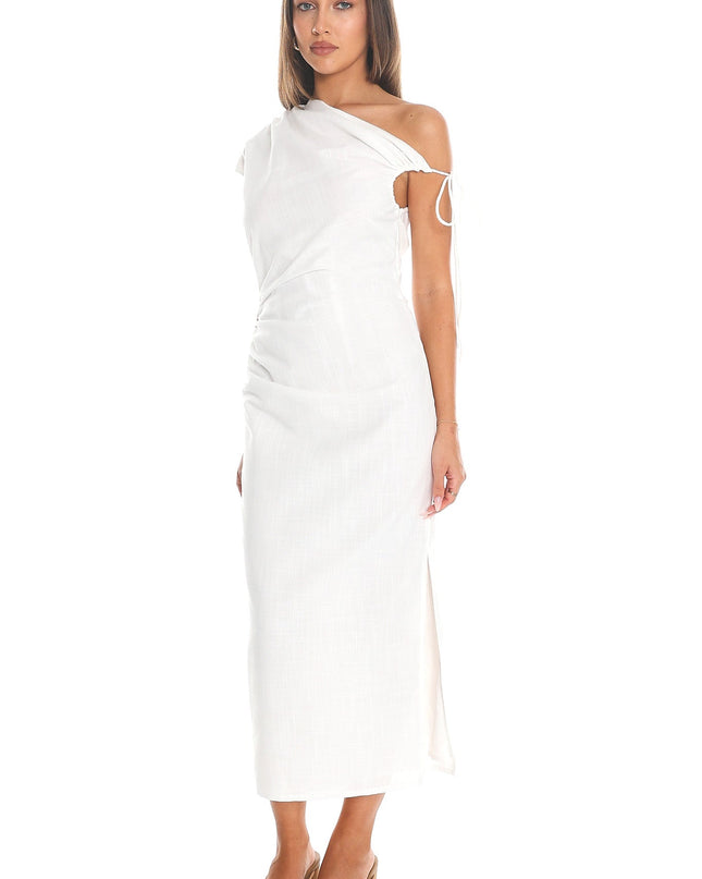 White Marble Draped One-Shoulder Midi Dress