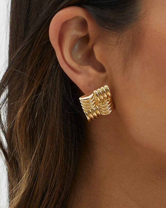 Gold Square Ribbed Earrings