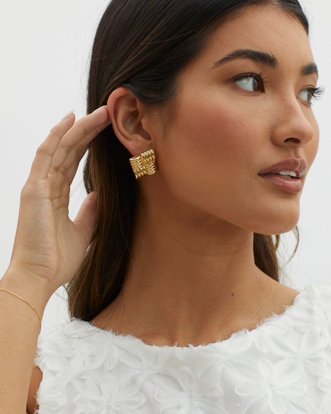 Gold Square Ribbed Earrings