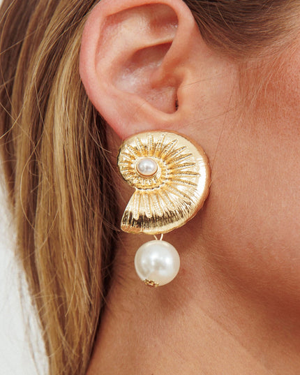 Gold Shell and Pearl Earrings