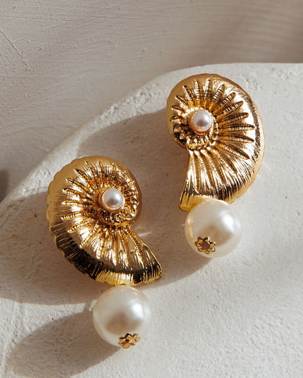 Gold Shell and Pearl Earrings