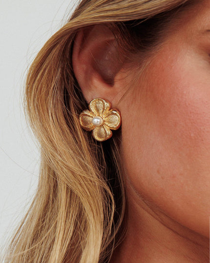 Gold Flower Power Pearl Earrings