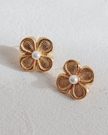 Gold Flower Power Pearl Earrings