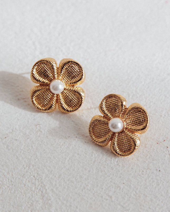 Gold Flower Power Pearl Earrings
