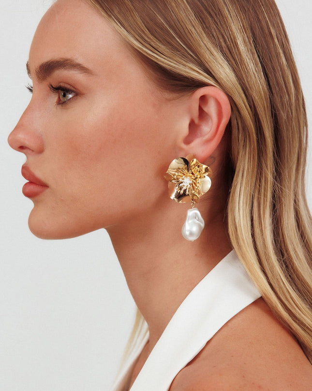 Gold Flower Pearl Droplet Earrings