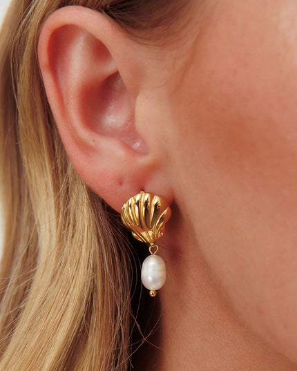 Gold Shell And Pearl Drop Earrings