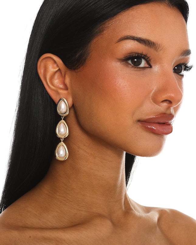 Pearl Triple Droplet Earrings Gold