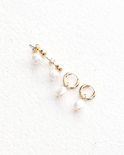 Pearl Hoop And Stud Earrings Set Gold
