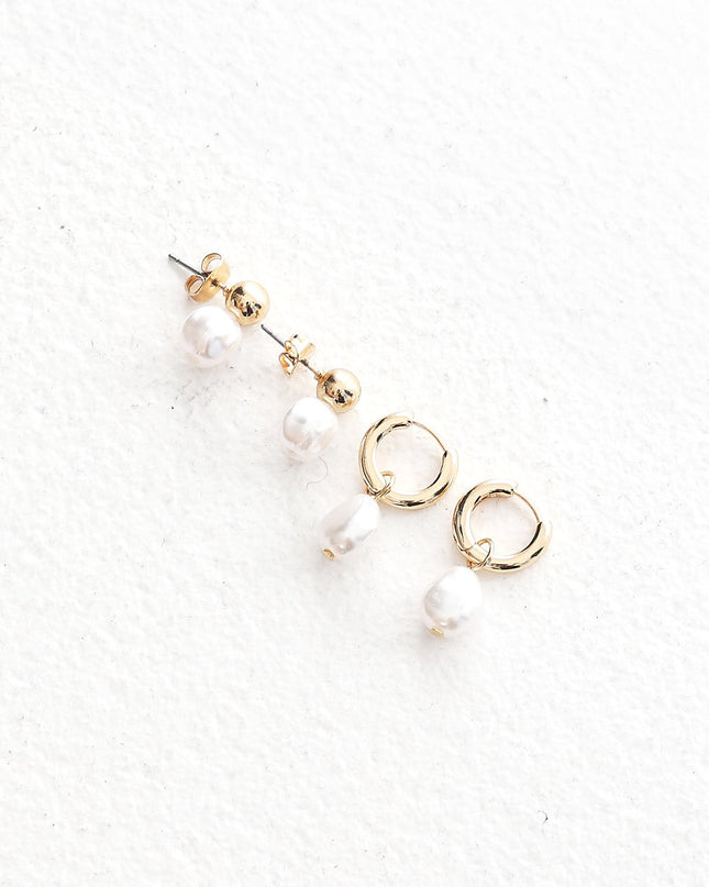 Pearl Hoop And Stud Earrings Set Gold