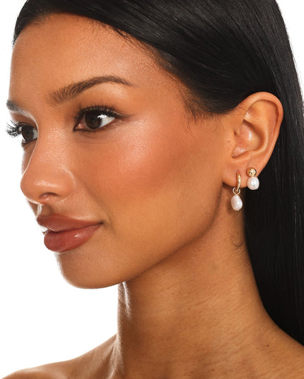 Pearl Hoop And Stud Earrings Set Gold