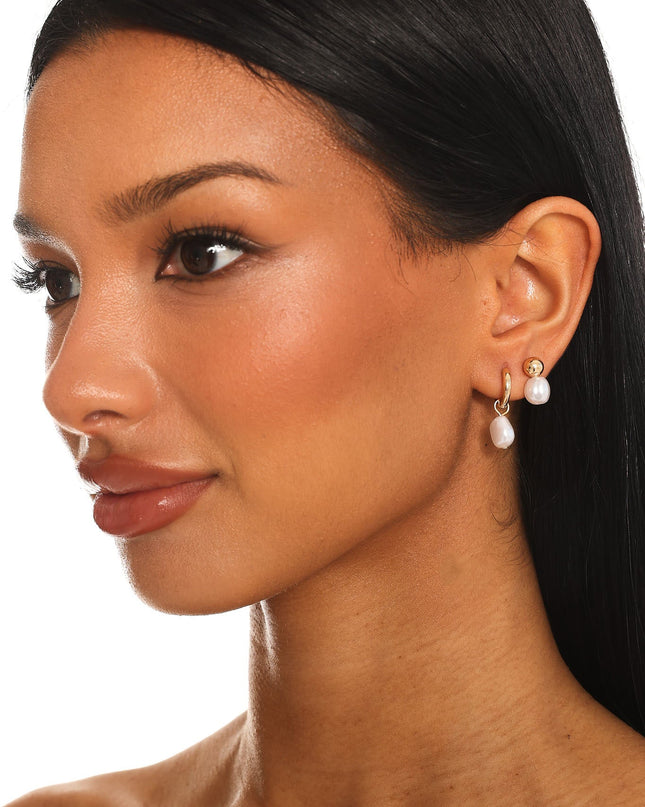 Pearl Hoop And Stud Earrings Set Gold