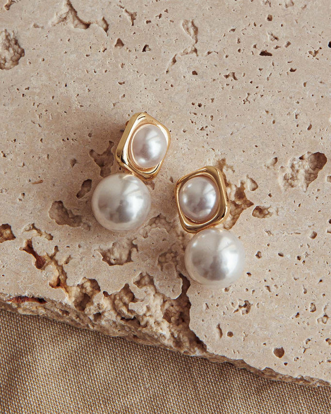 Pearl Square Pearl Drop Earrings Gold