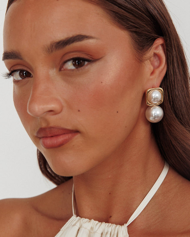Pearl Square Pearl Drop Earrings Gold