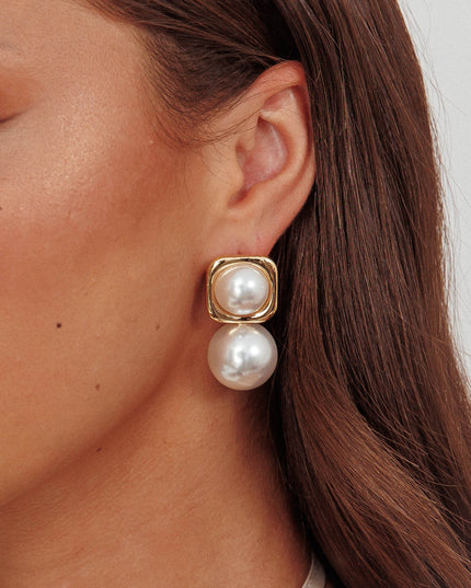 Pearl Square Pearl Drop Earrings Gold