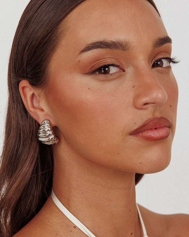 Dark Silver Ribbed Croissant Earrings