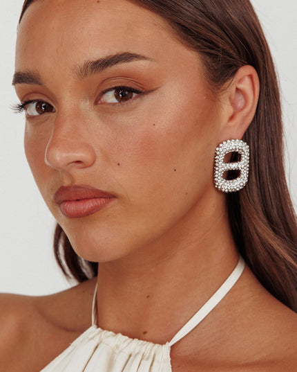 Tab Earrings Silver Diamante
