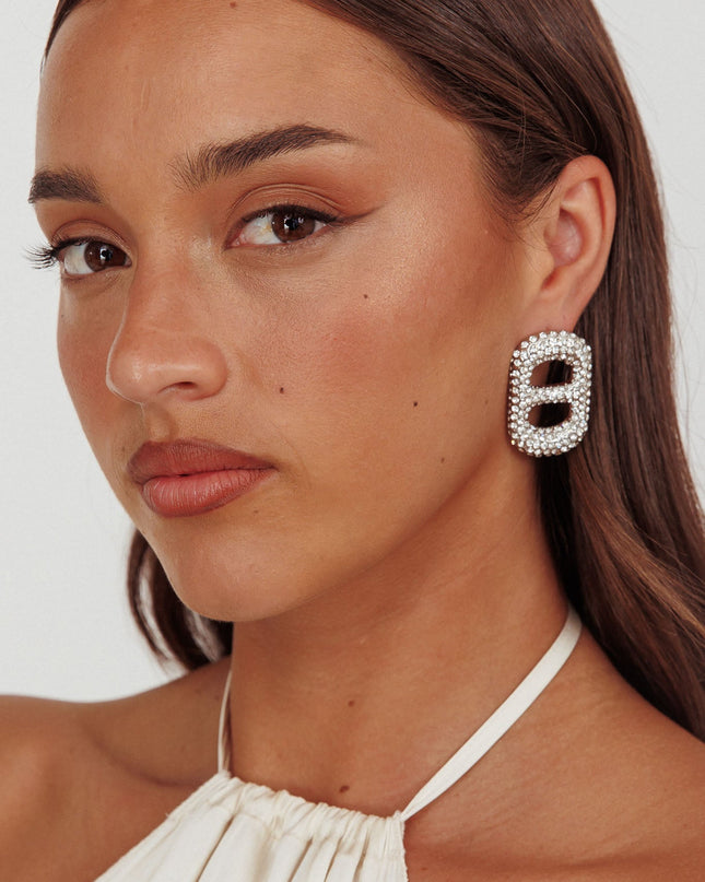 Tab Earrings Silver Diamante