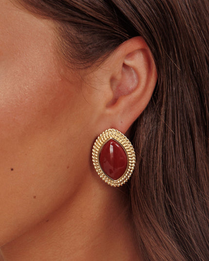 Burgundy Cabochon Earrings Gold