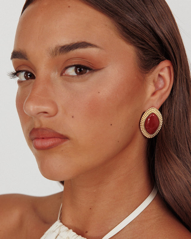 Burgundy Cabochon Earrings Gold