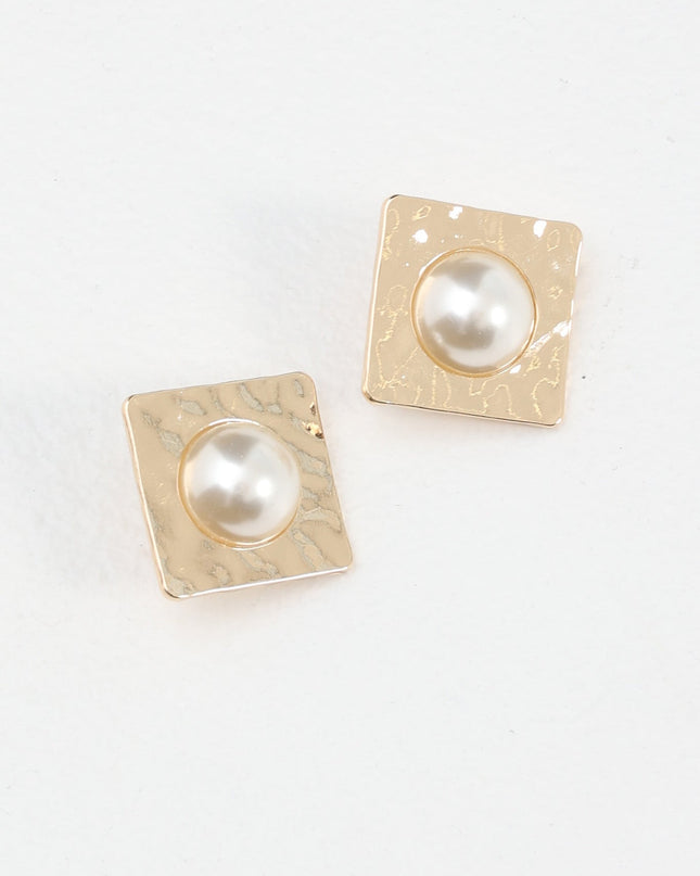 Gold/Pearl Square Hammered Earrings
