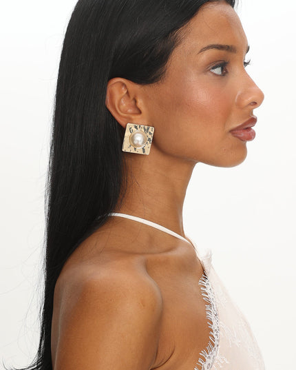 Gold/Pearl Square Hammered Earrings