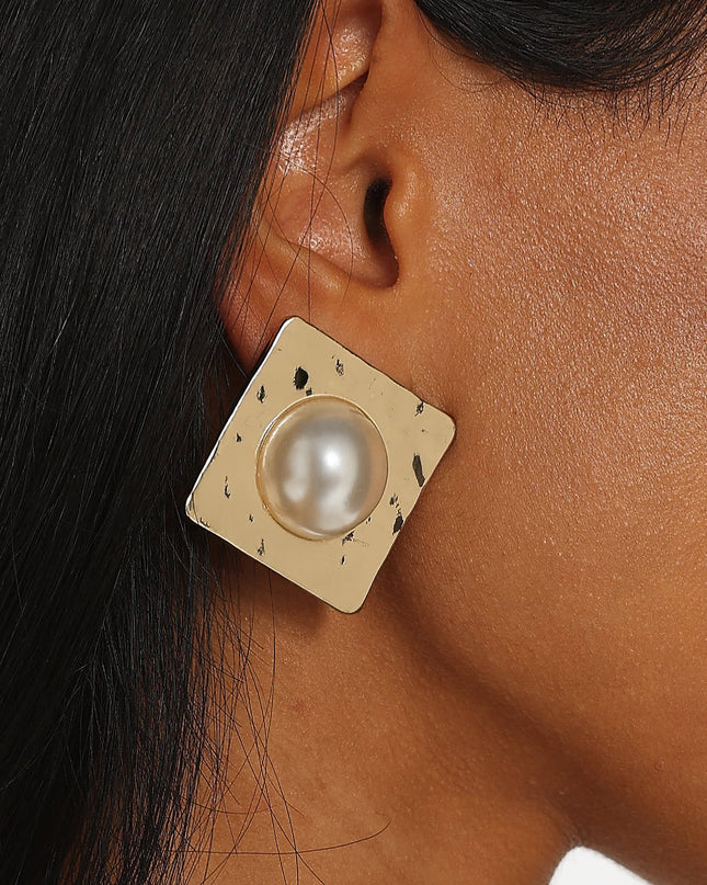Gold/Pearl Square Hammered Earrings
