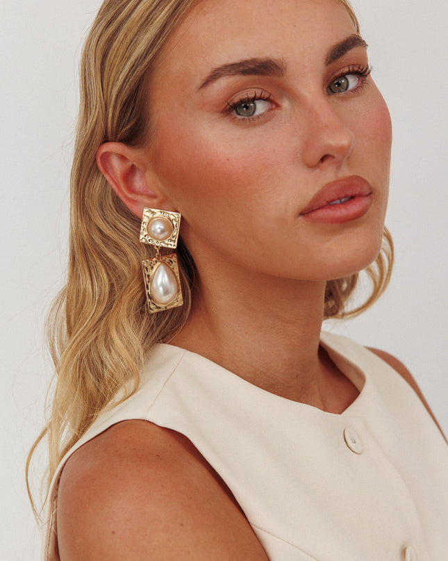 Gold/Pearl Hammered Drop Earrings