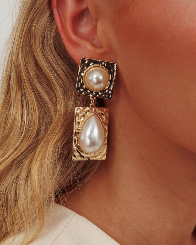 Gold/Pearl Hammered Drop Earrings
