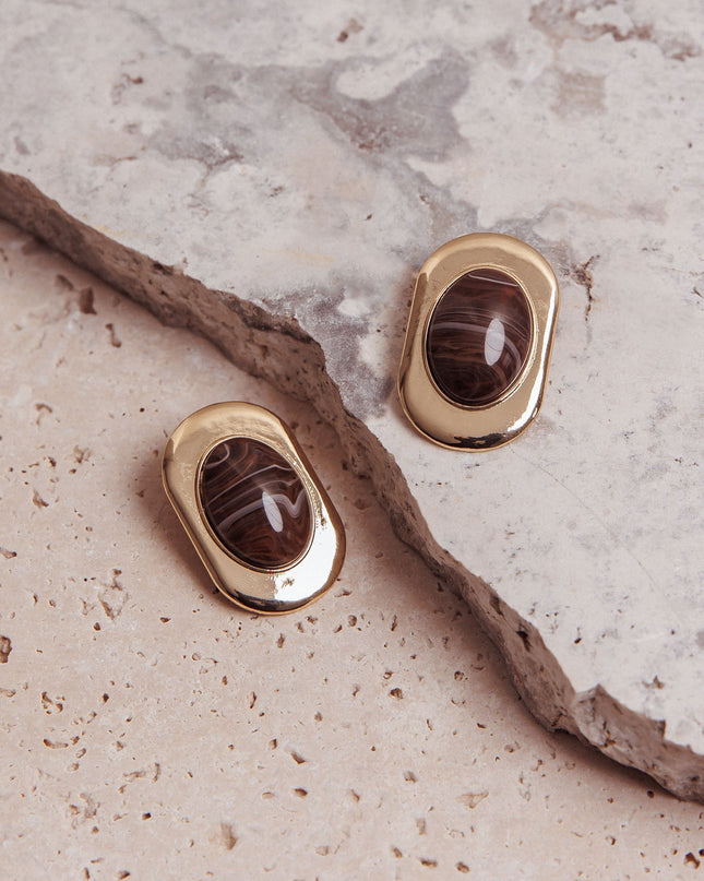 Gold/Chocolate Squoval Cabochon Earrings