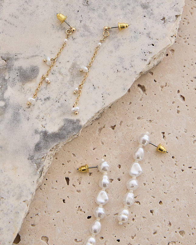 Gold/Pearl Asymmetric Chain & Pearl Earrings