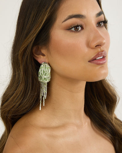Mint Layered Tassel Bead Earrings
