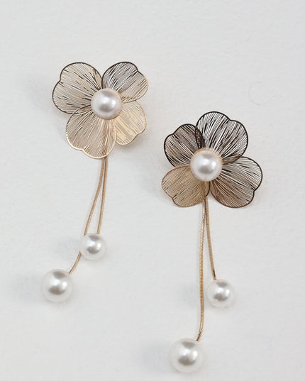 Gold Flower Pearl Drop Earrings