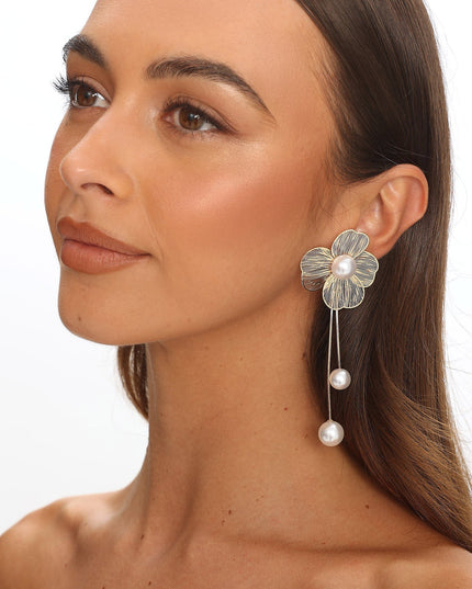 Gold Flower Pearl Drop Earrings
