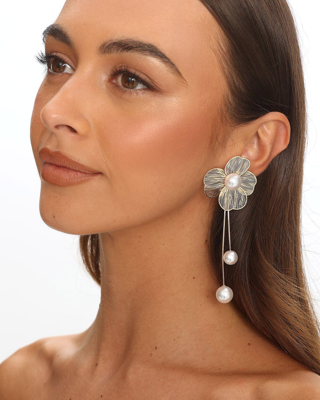 Gold Flower Pearl Drop Earrings
