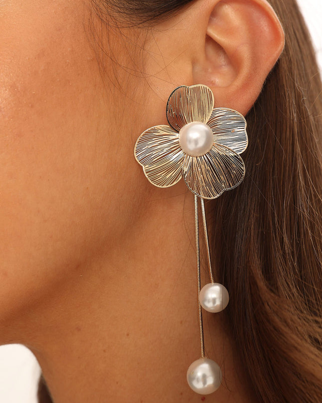 Gold Flower Pearl Drop Earrings
