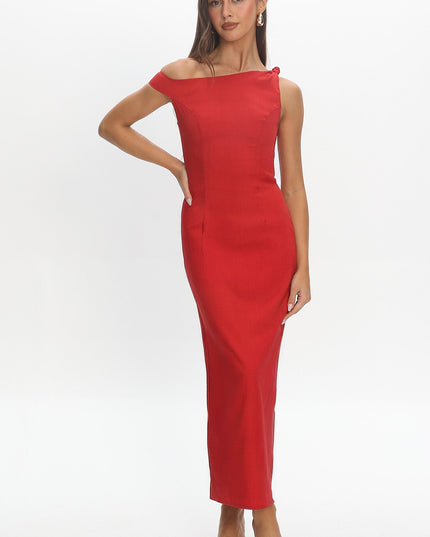 Red Asymmetric Neckline Maxi Dress