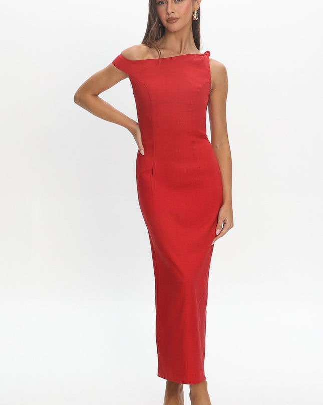 Red Asymmetric Neckline Maxi Dress