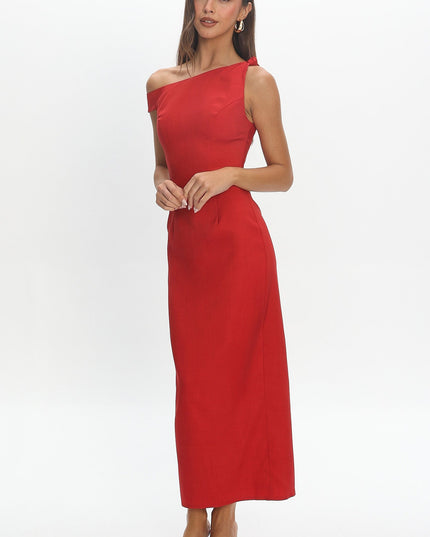 Red Asymmetric Neckline Maxi Dress