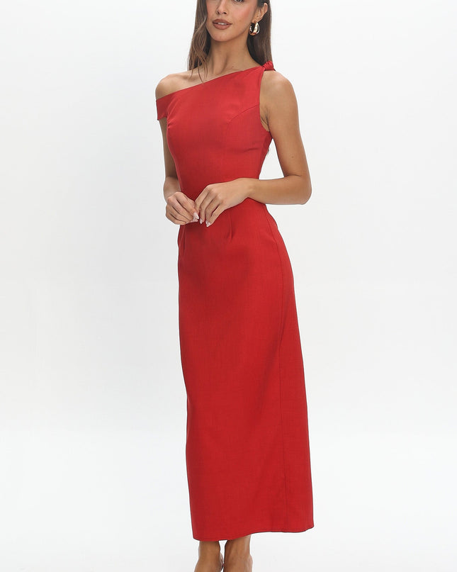 Red Asymmetric Neckline Maxi Dress