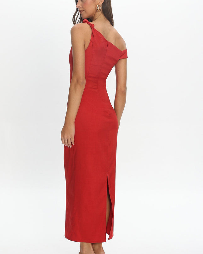 Red Asymmetric Neckline Maxi Dress