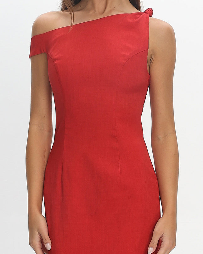 Red Asymmetric Neckline Maxi Dress