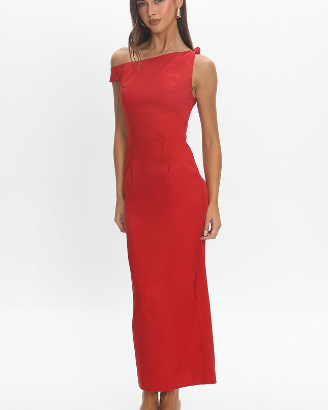Red Asymmetric Neckline Maxi Dress