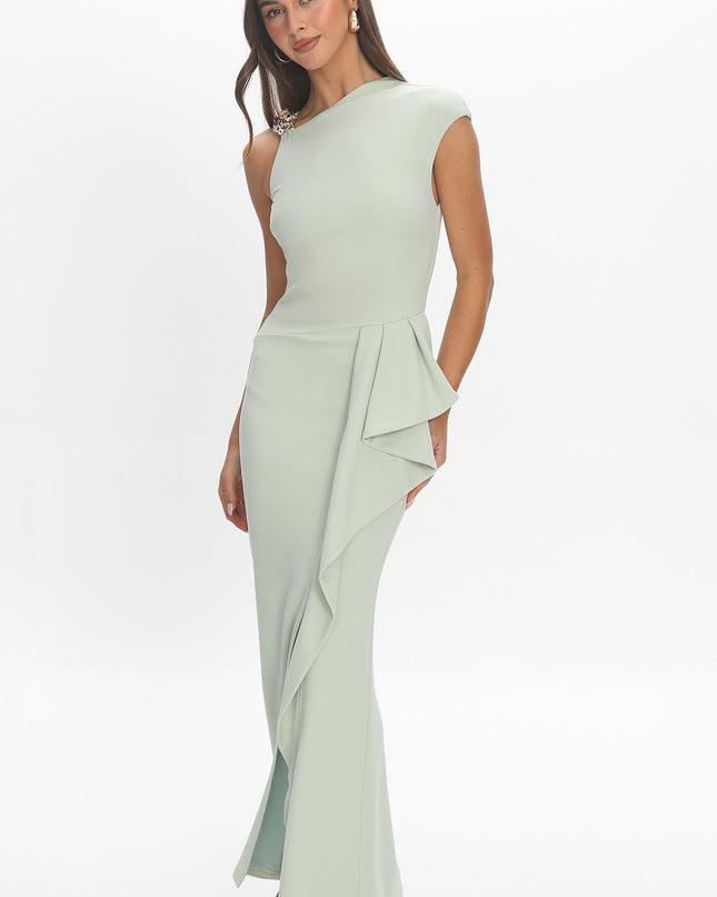 Pistachio Green Willow One-Shoulder Gown