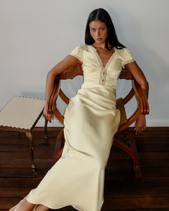 Butter Lace Trim Flutter Sleeve Maxi Dress