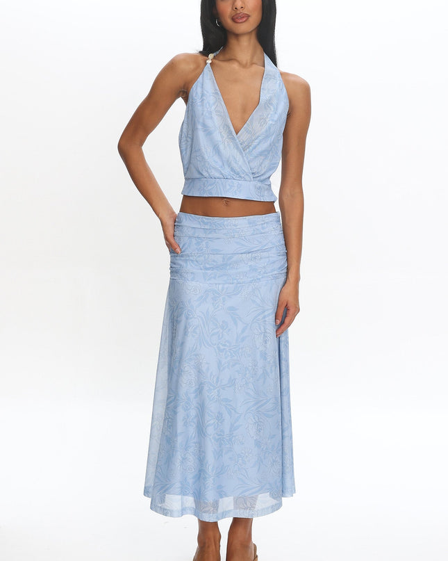 Blue Ruched Floral Maxi Skirt