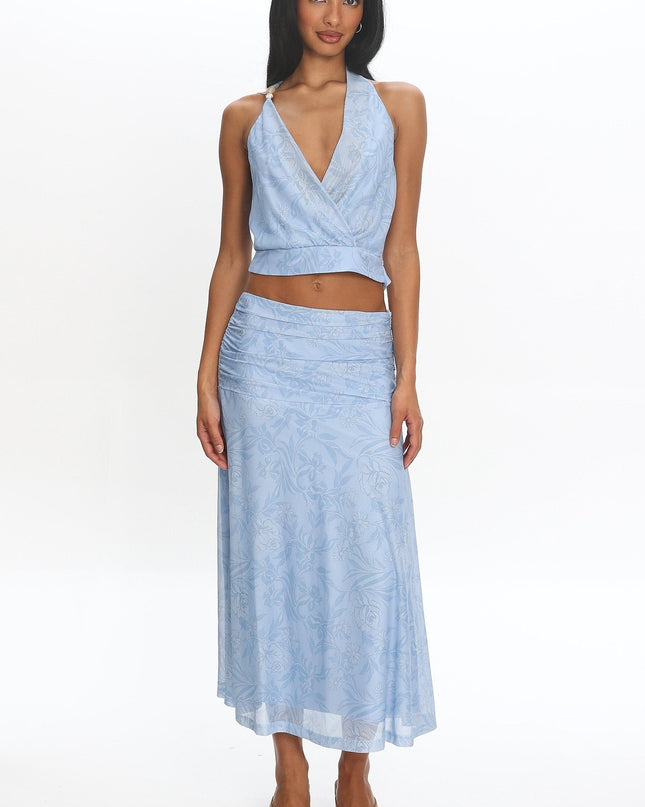 Blue Ruched Floral Maxi Skirt