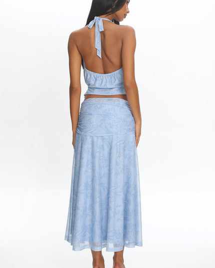 Blue Ruched Floral Maxi Skirt
