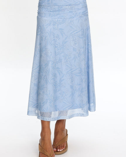 Blue Ruched Floral Maxi Skirt